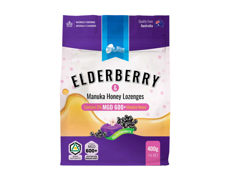 True Blue 黑接骨木 + 麥盧卡蜜糖配方潤喉糖 Elderberry & Manuka Honey Lozenges 400g