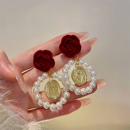 🌟💍S925銀針法式酒紅絲絨玫瑰花朵珍珠耳環優雅氣質耳釘Earrings👑👛-E1335