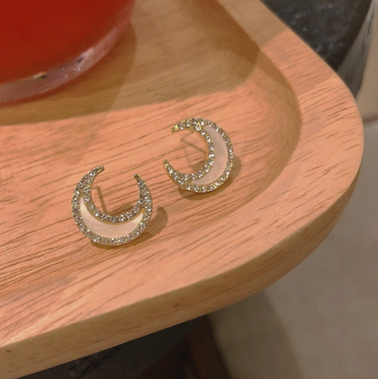 💍👑S925銀針👑 高質超仙月亮鑲鑽輕奢簡約甜美百搭滴釉耳環 Earrings / 耳夾 Ear Clips👑👛-E1139