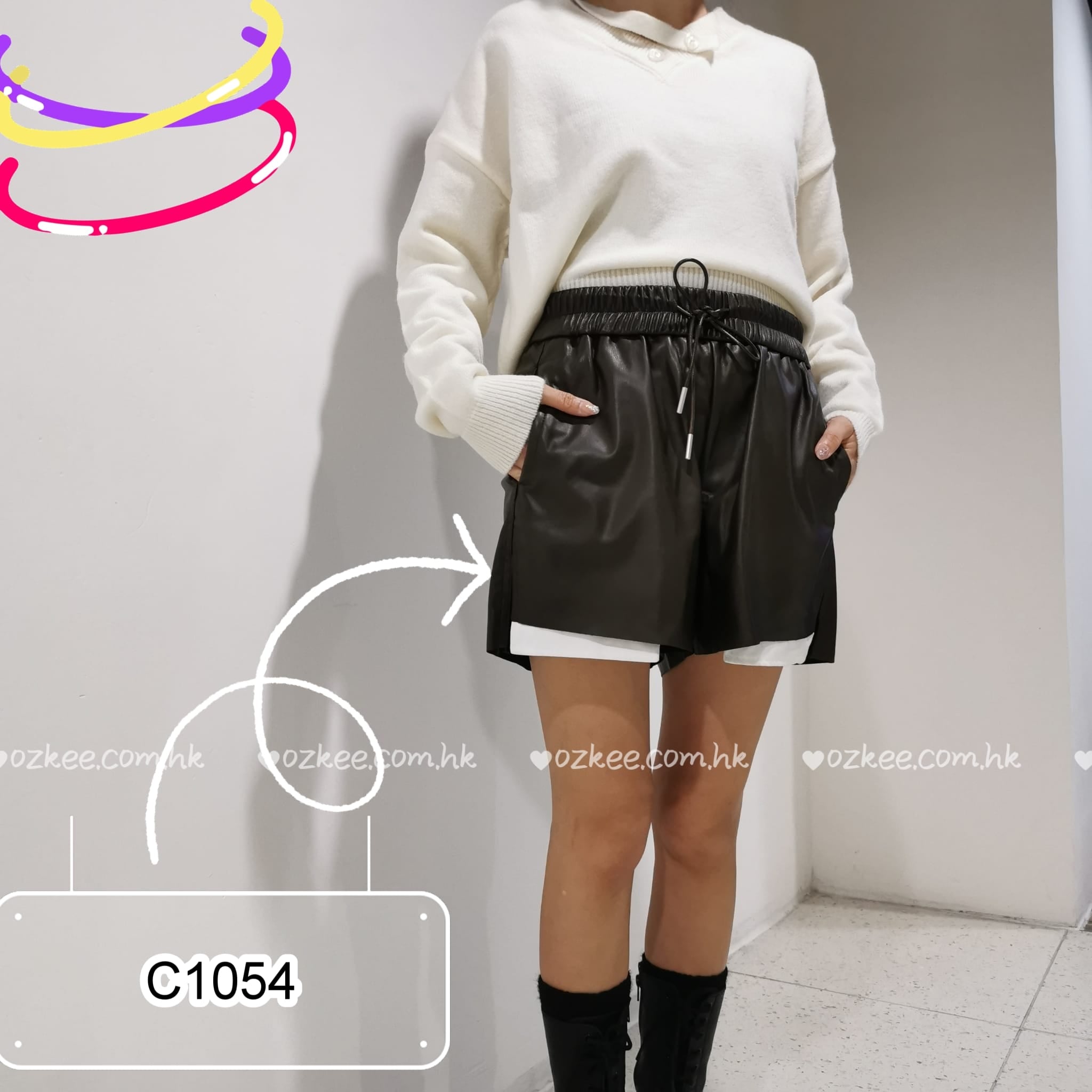 韓國製 新款時尚黑白拼色短褲女寬鬆休閒小眾開叉闊皮褲- C1054