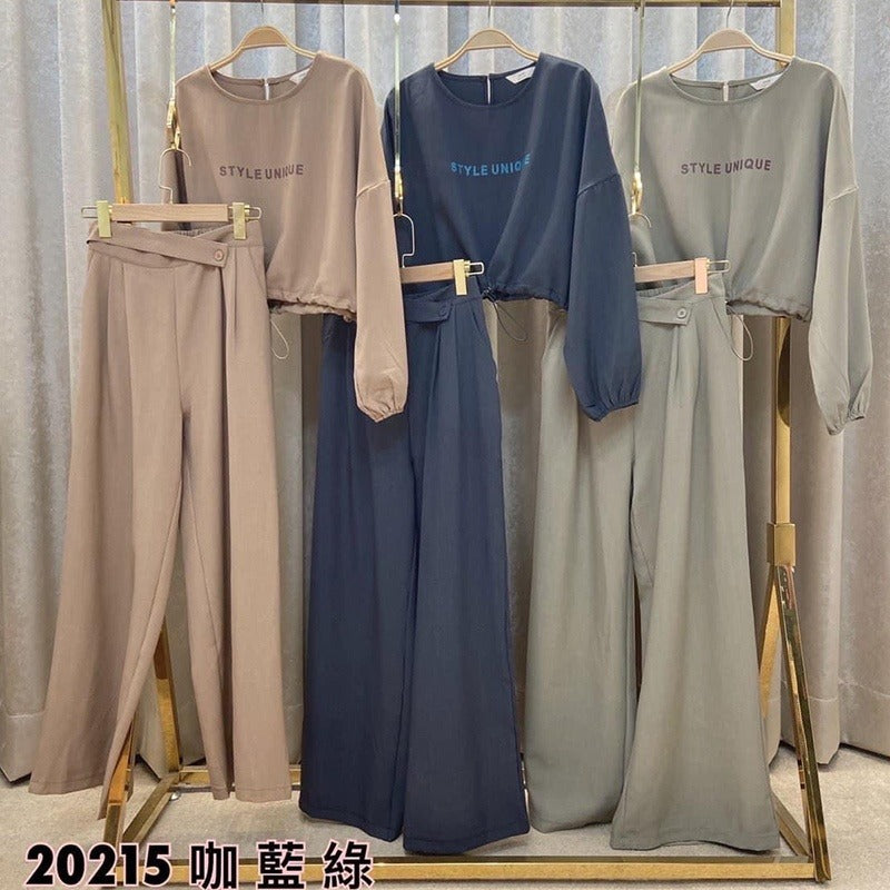 韓國製  輕熟質感氣場 抽繩衫打褶寬褲兩件套裝C20215