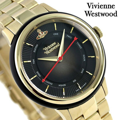 Vivienne Westwood 女士石英手錶配黑色錶盤模擬顯示和金色不銹鋼手鍊 VV158BKGD